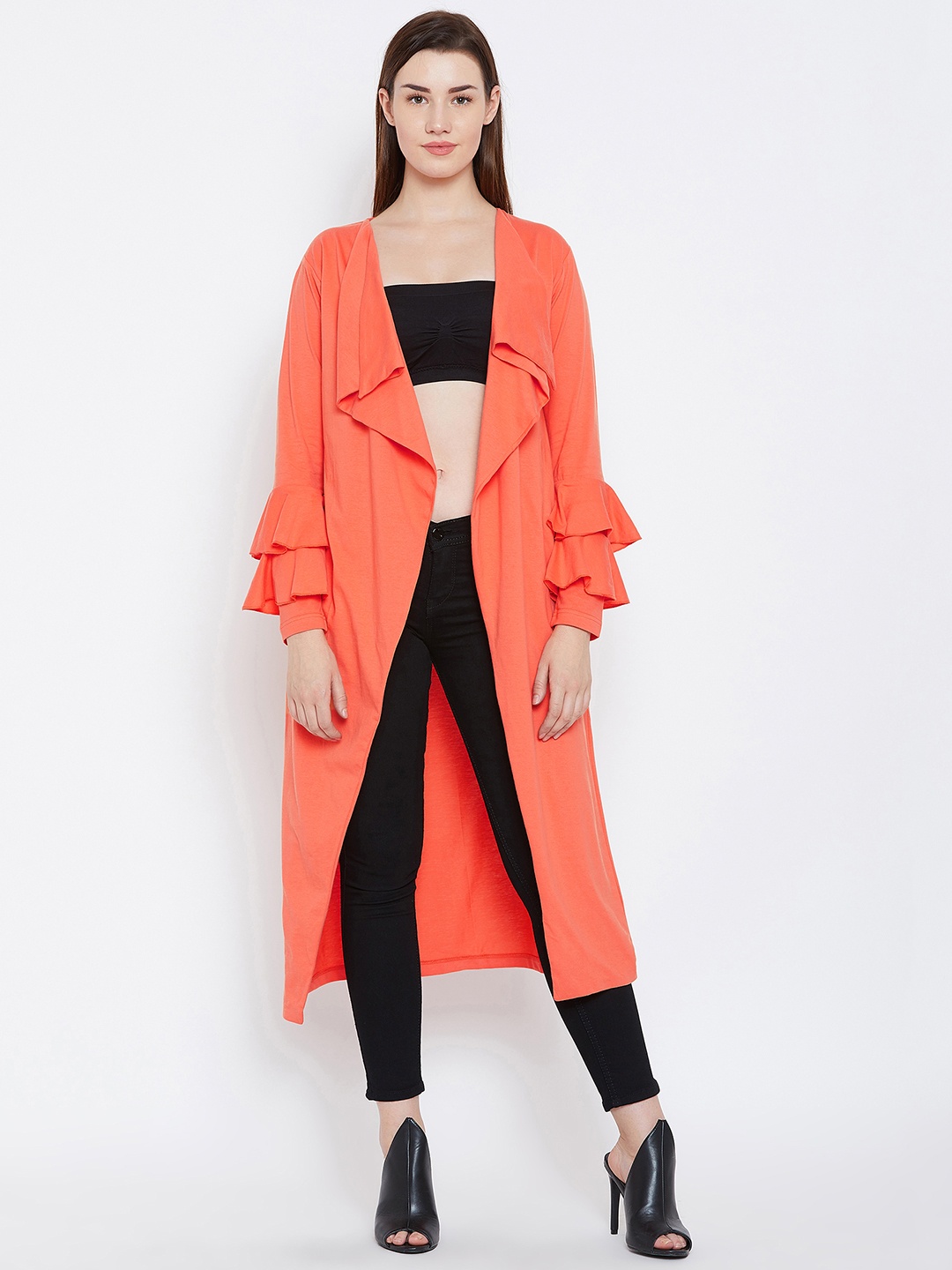 

Hypernation Orange Solid Open Longline Front Shrug