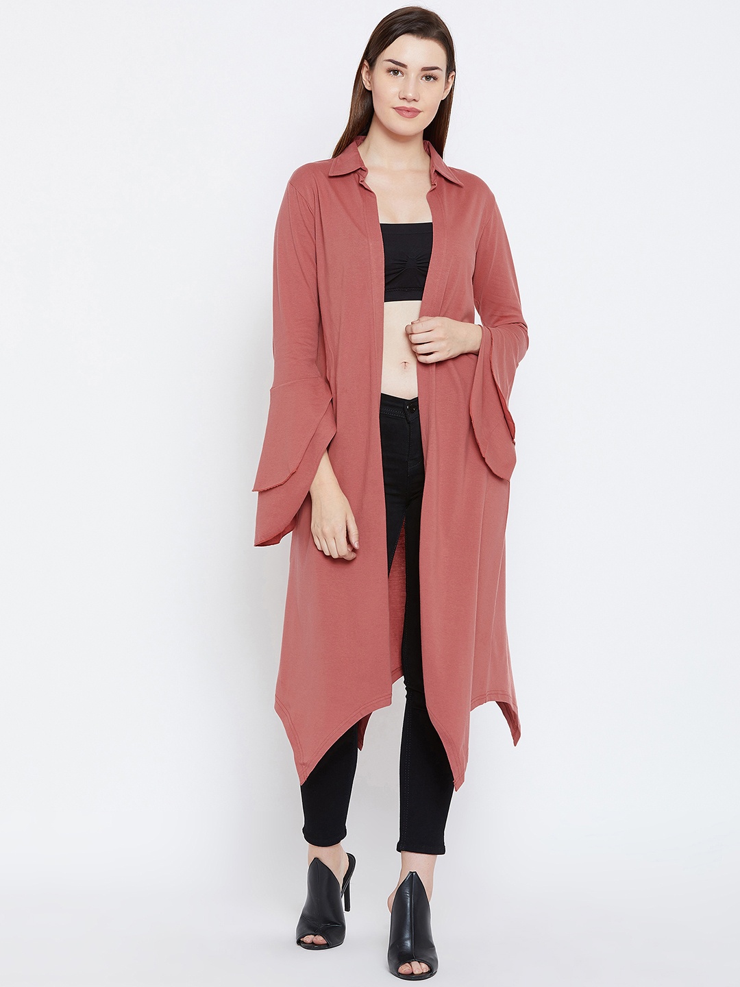 

Hypernation Peach-Coloured Solid Open Front Shrug