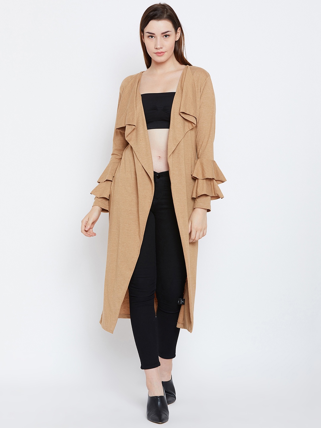 

Hypernation Beige Solid Open Front Shrug