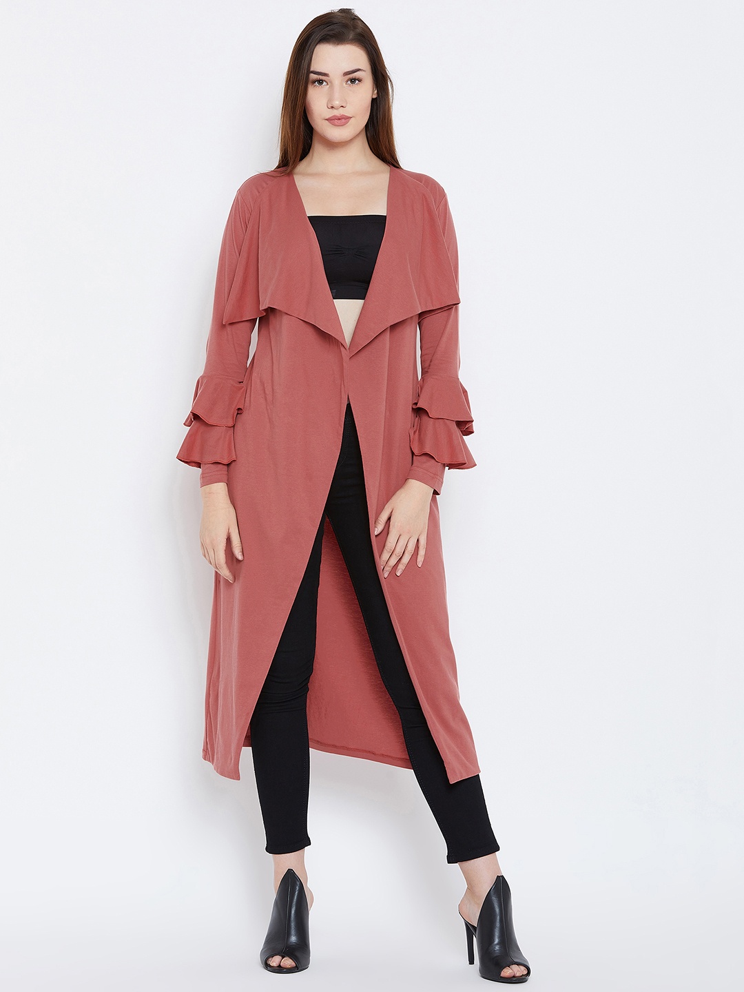 

Hypernation Peach-Coloured Solid Open Front Shrug