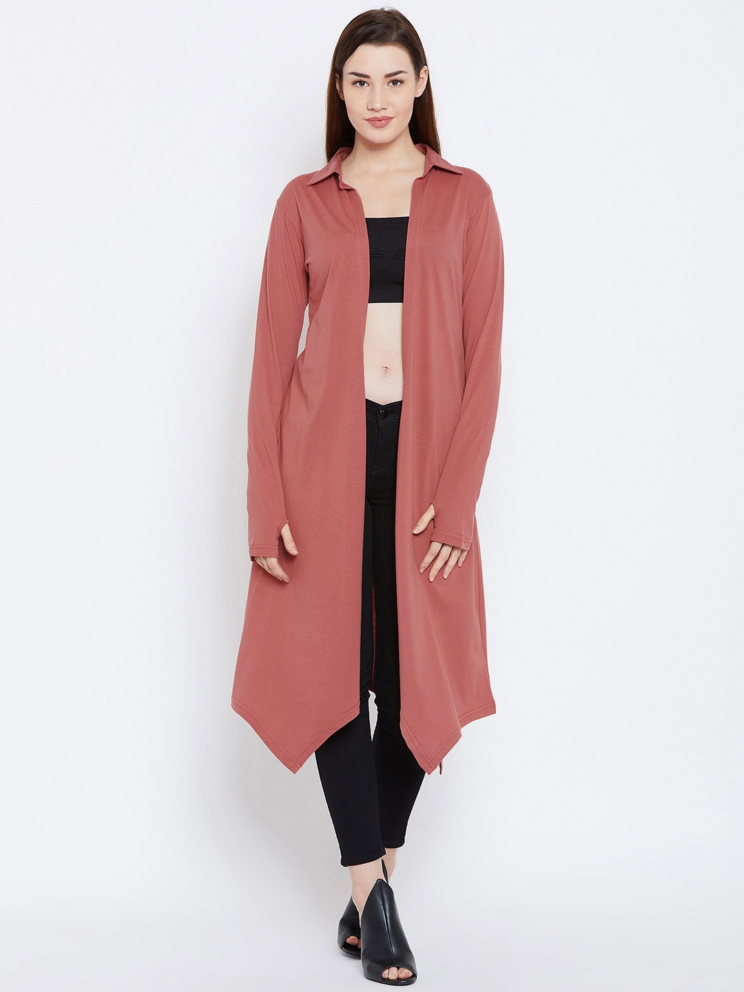 

Hypernation Peach-Coloured Solid Open Front Shrug