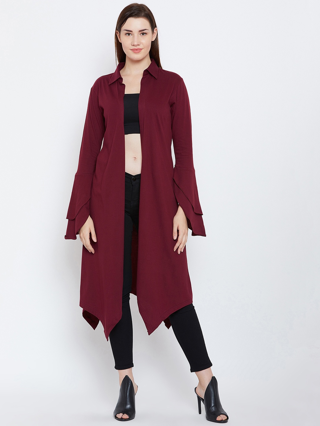 

Hypernation Maroon Solid Open Front Shrug