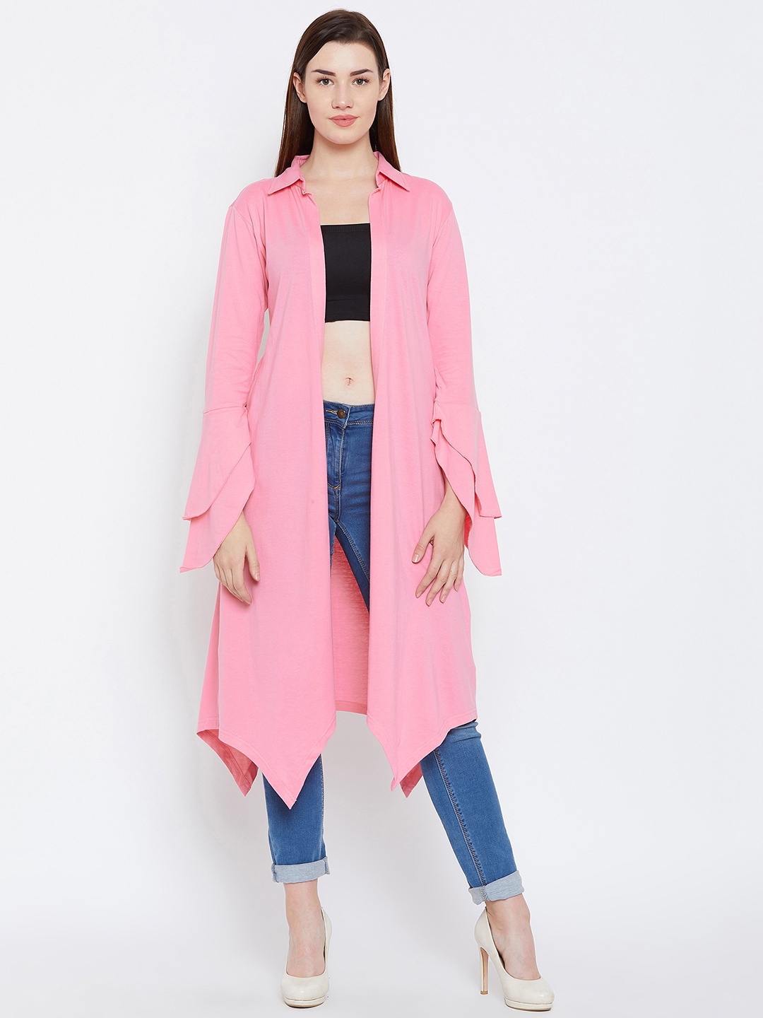 

Hypernation Pink Solid Open Front Bell Sleeves Longline Shrug