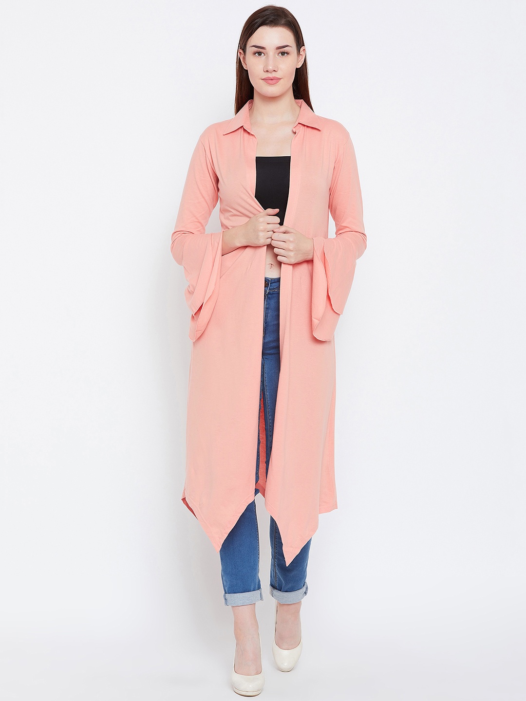 

Hypernation Peach-Coloured Solid Open Front Bell Sleeves Longline Shrug