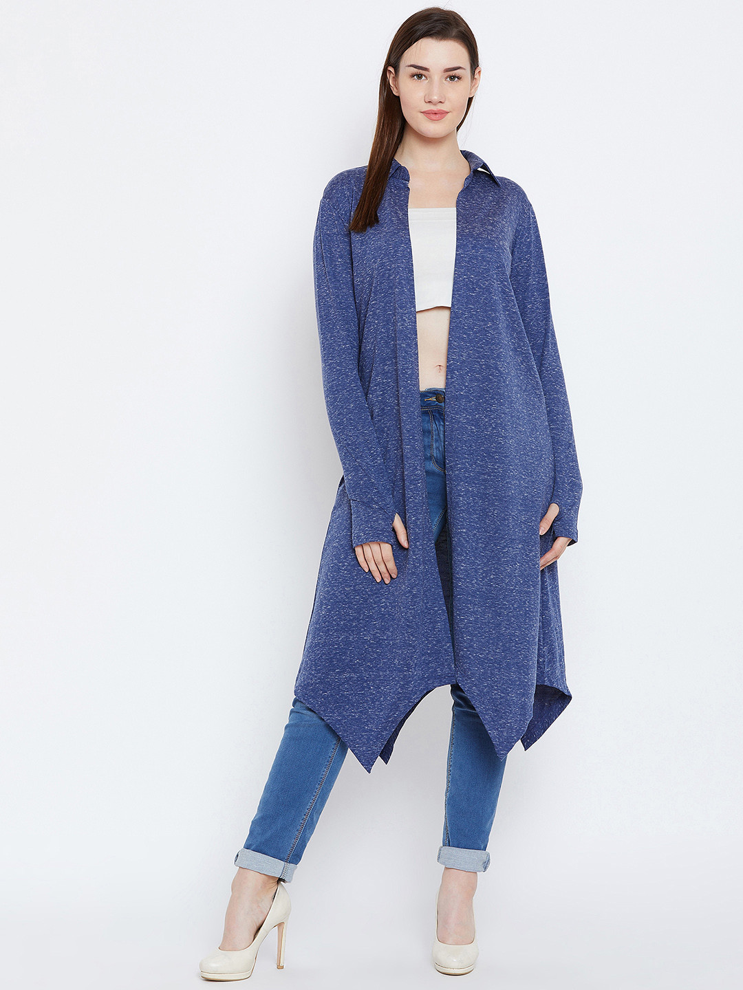 

Hypernation Women Blue Solid Open Front Shrug