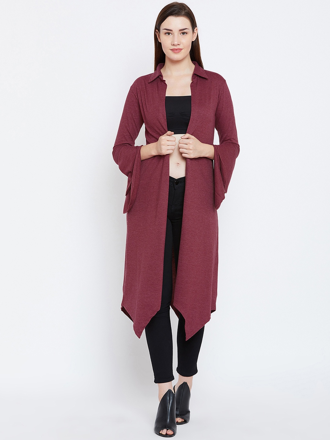 

Hypernation Maroon Solid Open Front Shrug