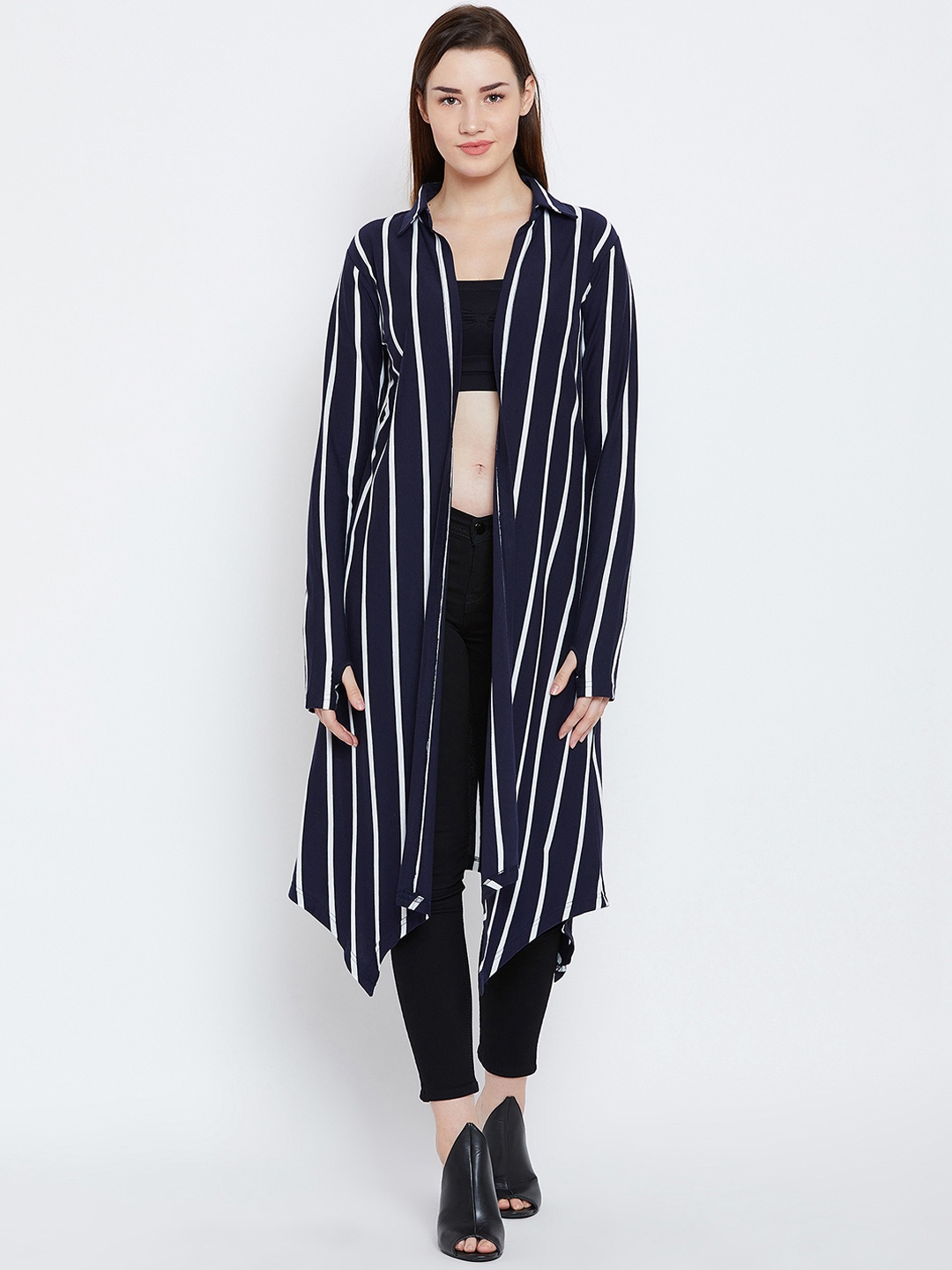 

Hypernation Navy Blue & White Striped Open Front Shrug