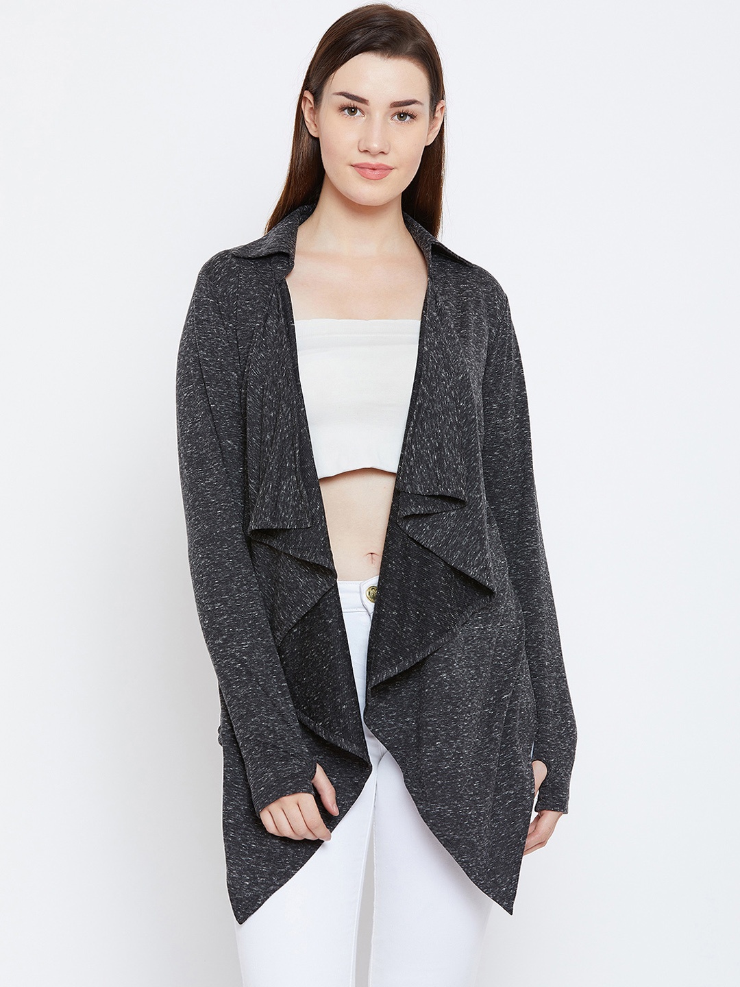 

Hypernation Charcoal Grey Self Design Open Front Shrug