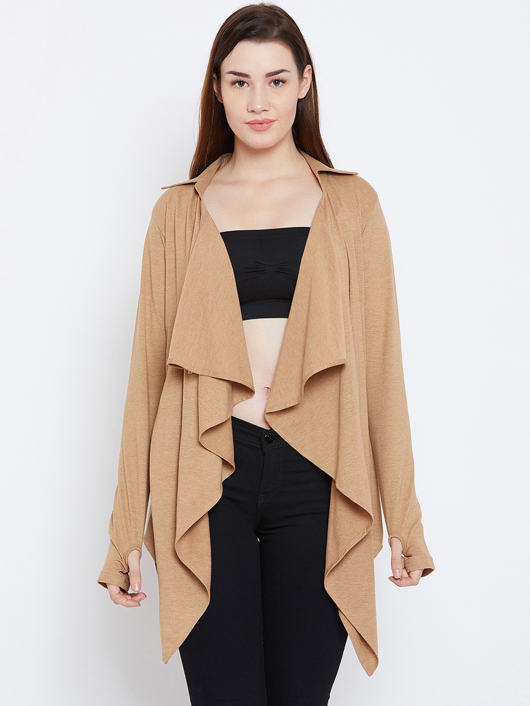 

Hypernation Beige Solid Open Front Shrug