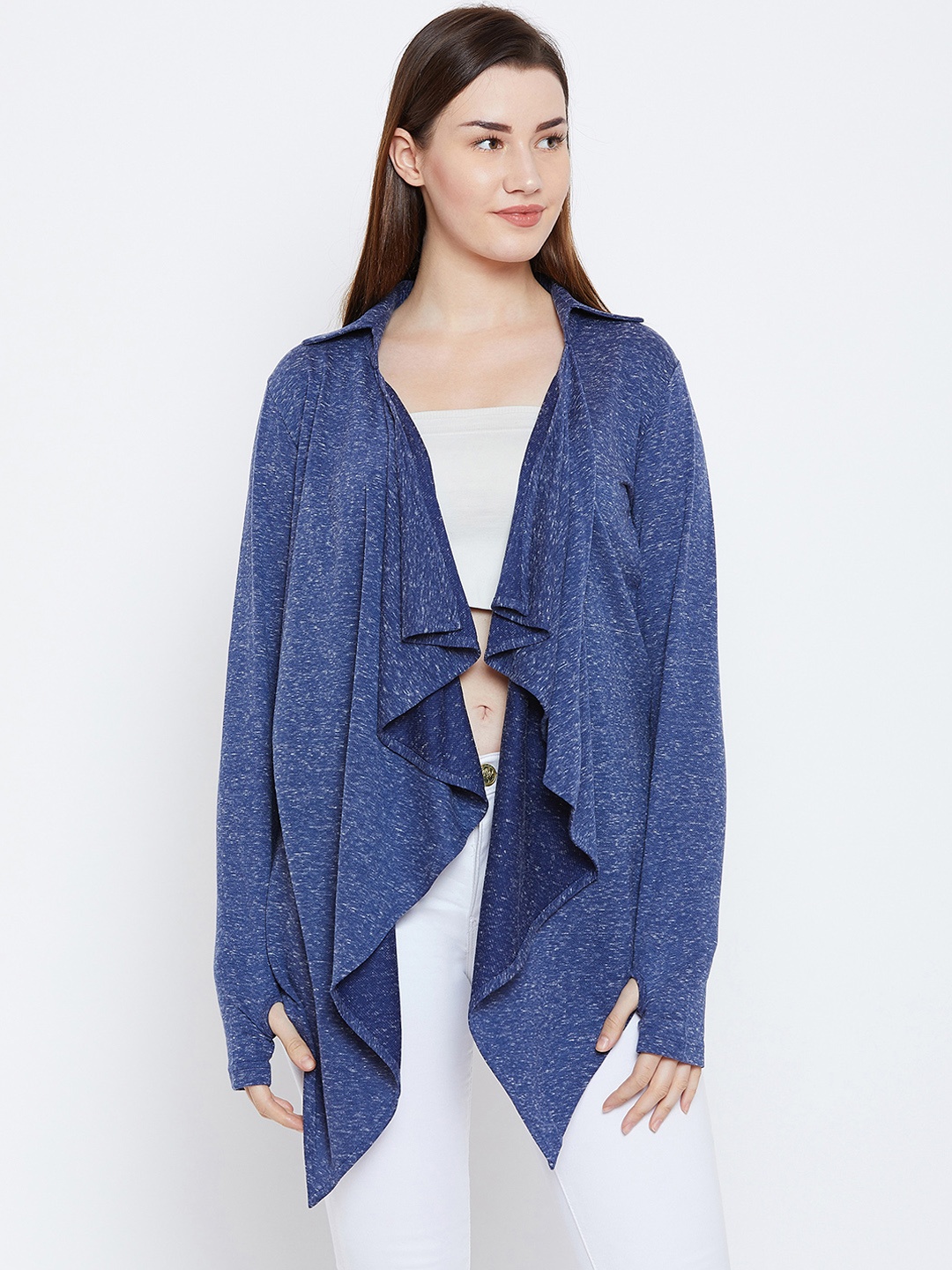 

Hypernation Women Blue Solid Open Front Shrug