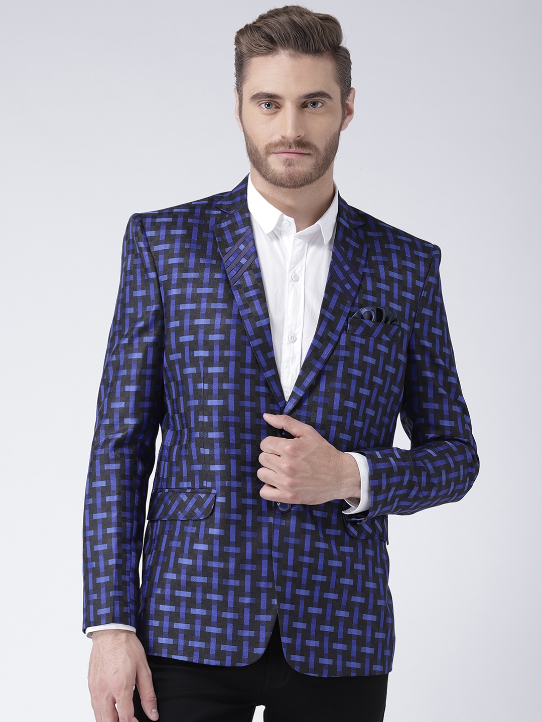 

Hangup Men Blue Self-Design Single-Breasted Party Blazer