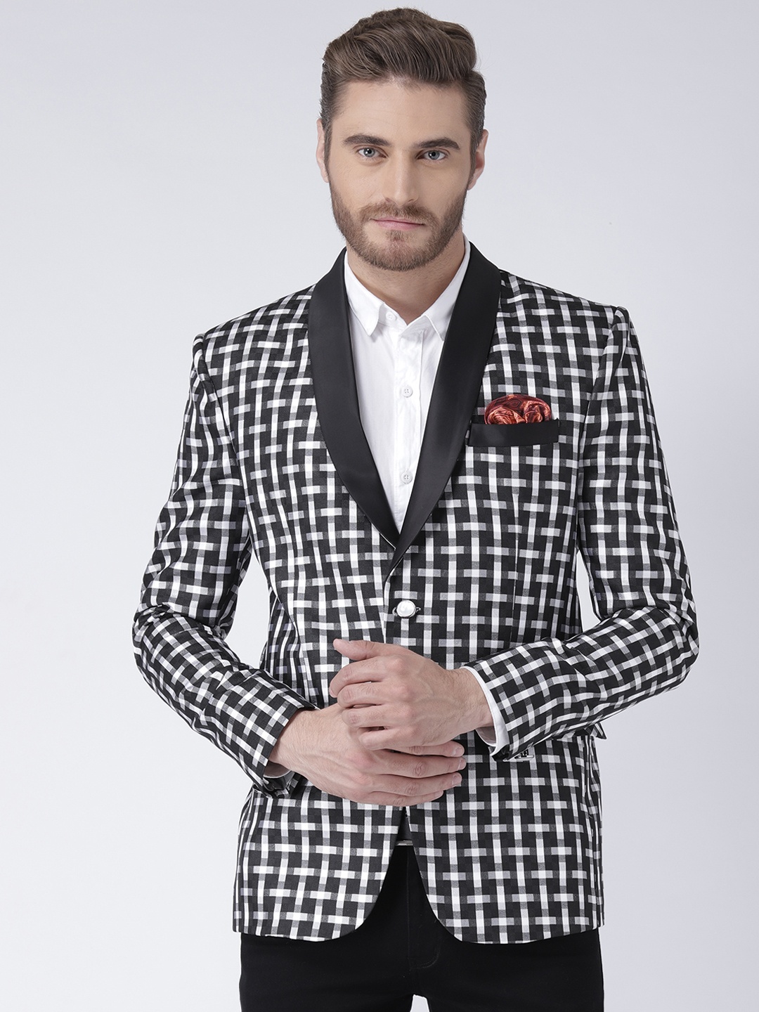 

Hangup Men Black & White Self-Design Single-Breasted Party Blazer