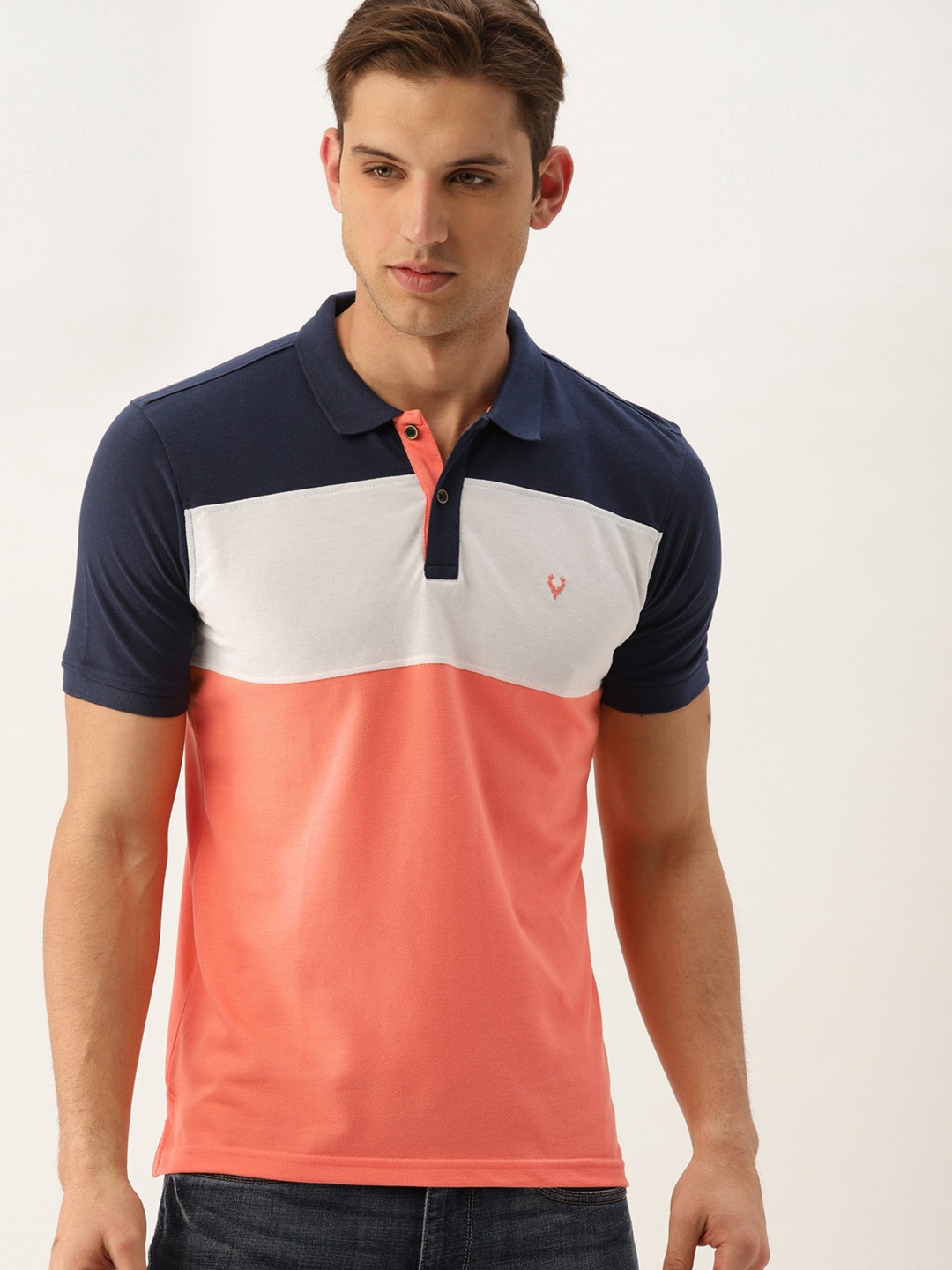 

Allen Solly Men Peach-Coloured & Navy Blue Colourblocked Polo T-shirt