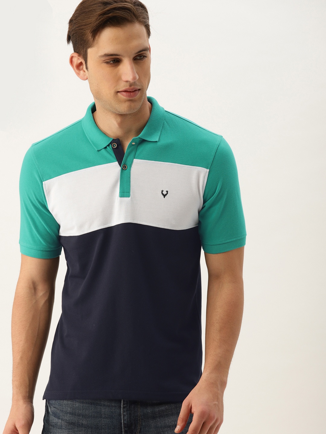 

Allen Solly Men Navy Blue & Teal Green Colourblocked Polo T-shirt