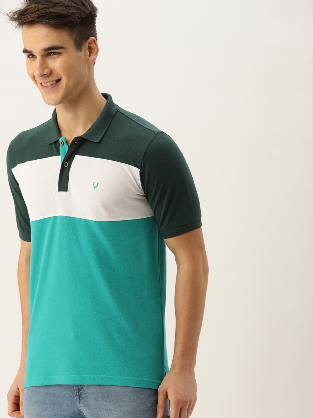 

Allen Solly Men Green & Teal Blue Colourblocked Polo T-shirt