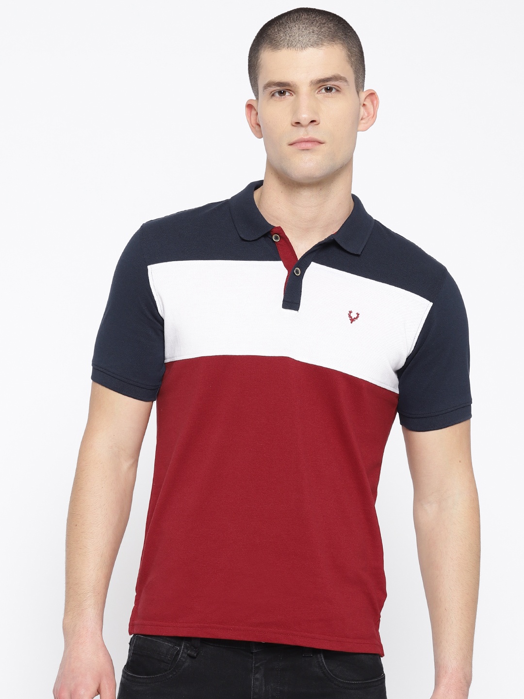 

Allen Solly Men Navy Blue & Maroon Colourblocked Polo Collar T-shirt