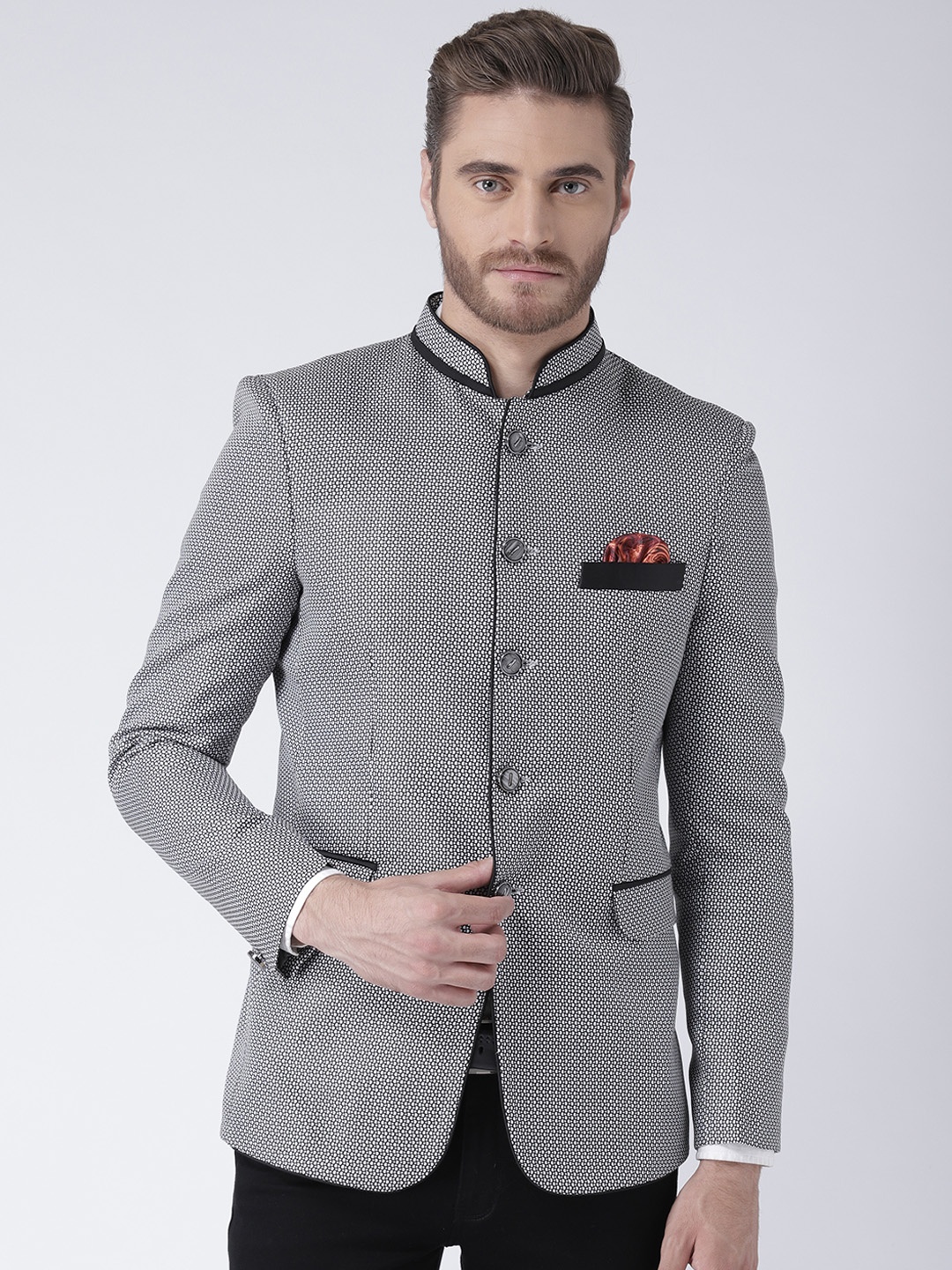 

Hangup Men Grey Self-Design Single-Breasted Party Blazer