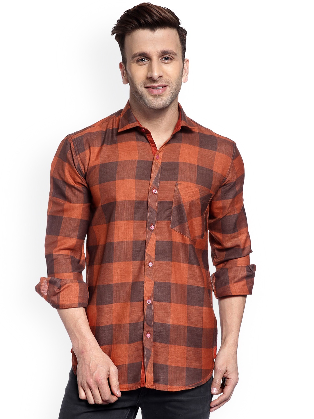 

Hangup Men Rust Orange & Brown Slim Fit Checked Casual Shirt