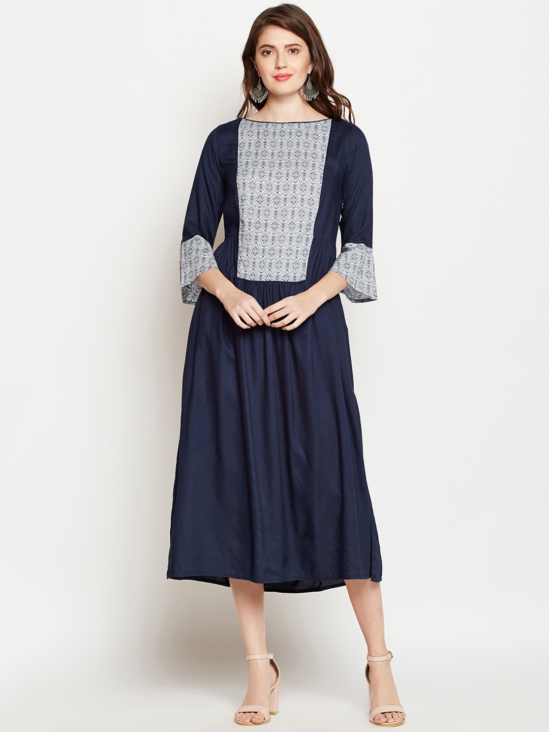 

RARE ROOTS Women Navy Blue Printed Fit and Flare Dress
