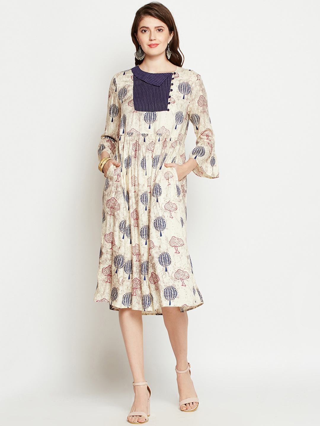 

RARE ROOTS Women Beige Printed Fit and Flare Dress