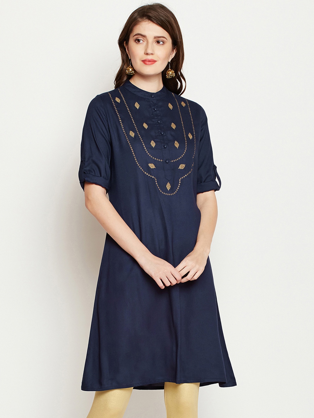 

RARE ROOTS Women Navy Blue Embroidered A-Line Kurta