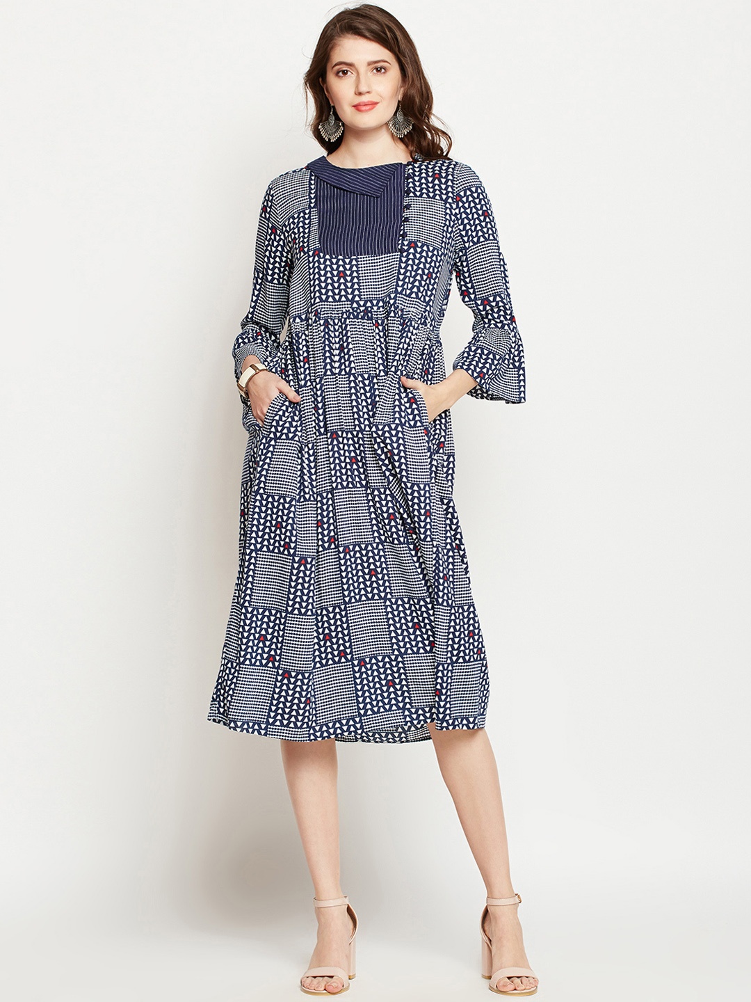 

RARE ROOTS Women Navy Blue Printed Fit and Flare Dress