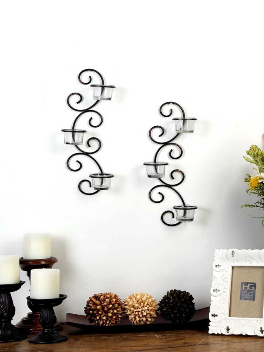 

Hosley Set of 2 Antique Bronze Decorative Wall Sconces with Clear Glass and Free Tealights, Black
