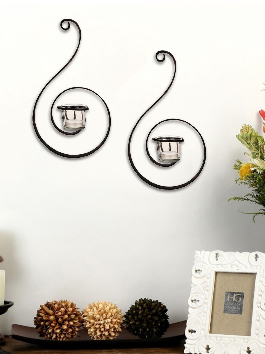 

Hosley Set Of 2 Bronze-Toned Round Tealight Candle Holders With 2 Glass Cups
