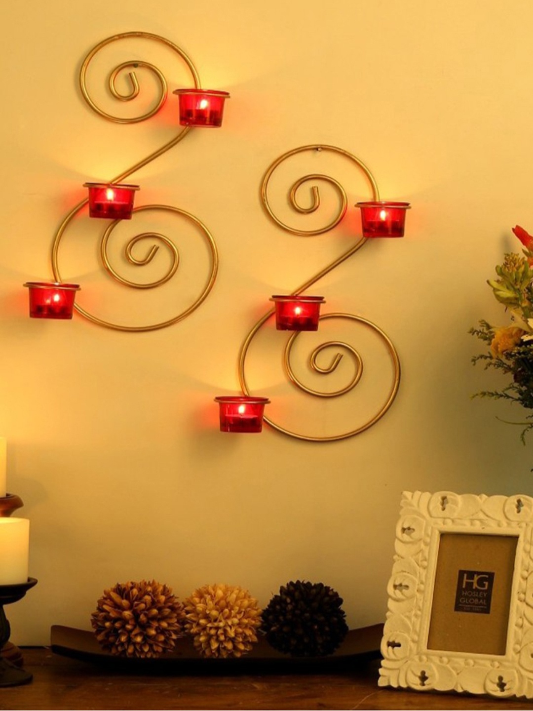 

HOSLEY Set of 2 Candle Holders With Red Clear Glasses, Gold