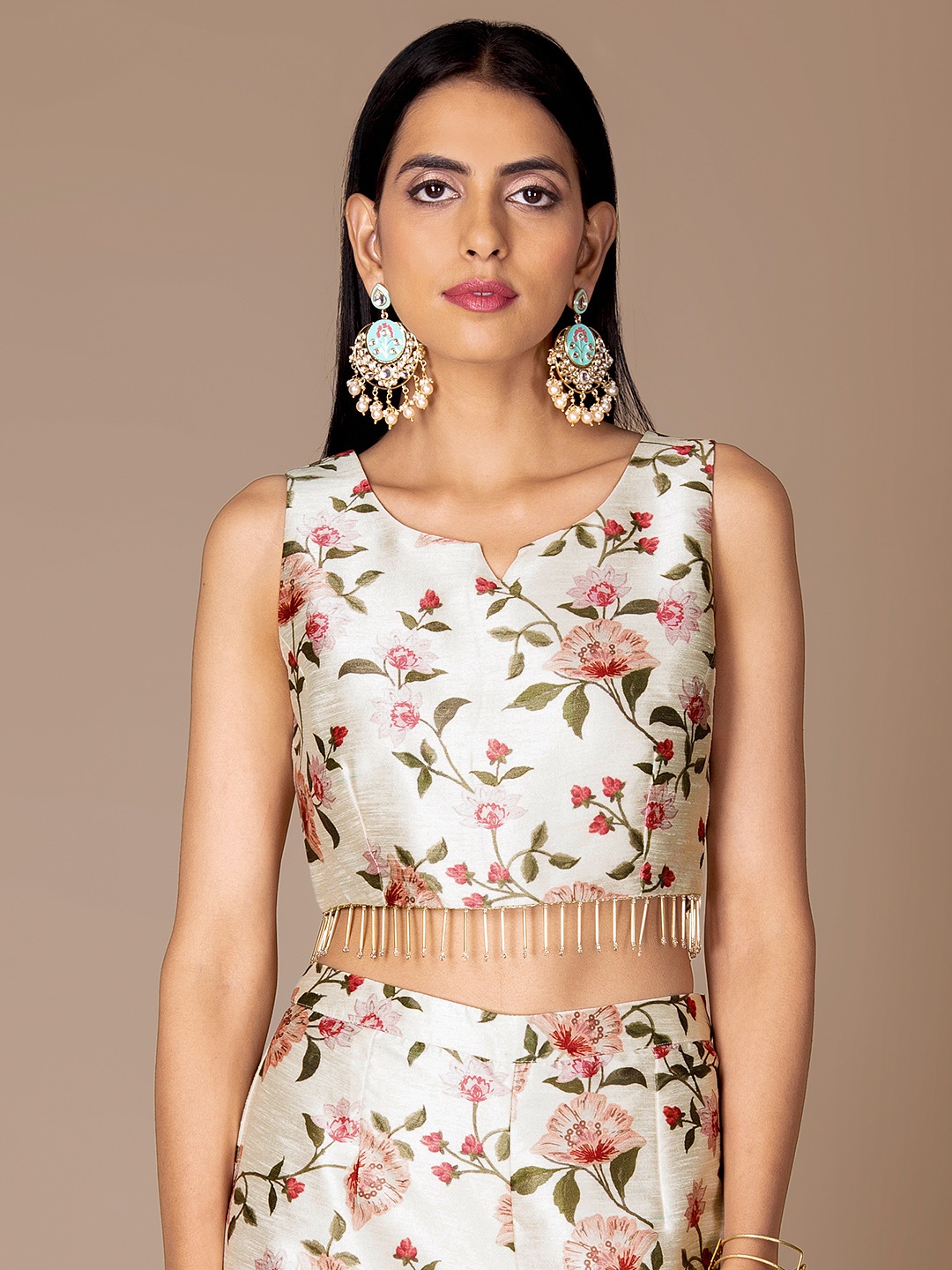 

INDYA Women White Floral Print Crop Top