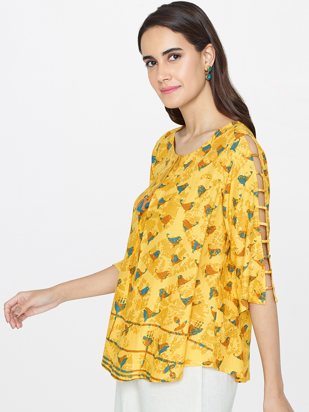 

Global Desi Women Mustard Printed A-Line Top