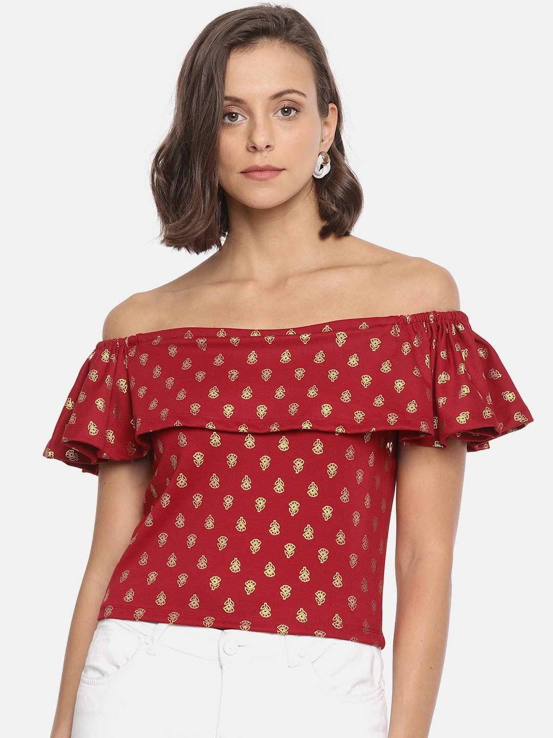 

Global Desi Women Red Printed Bardot Top