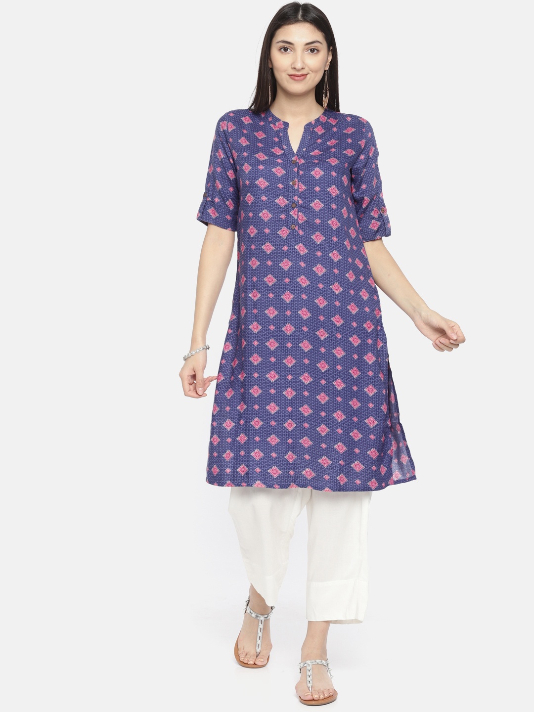 

Global Desi Women Blue & Pink Printed Straight Kurta