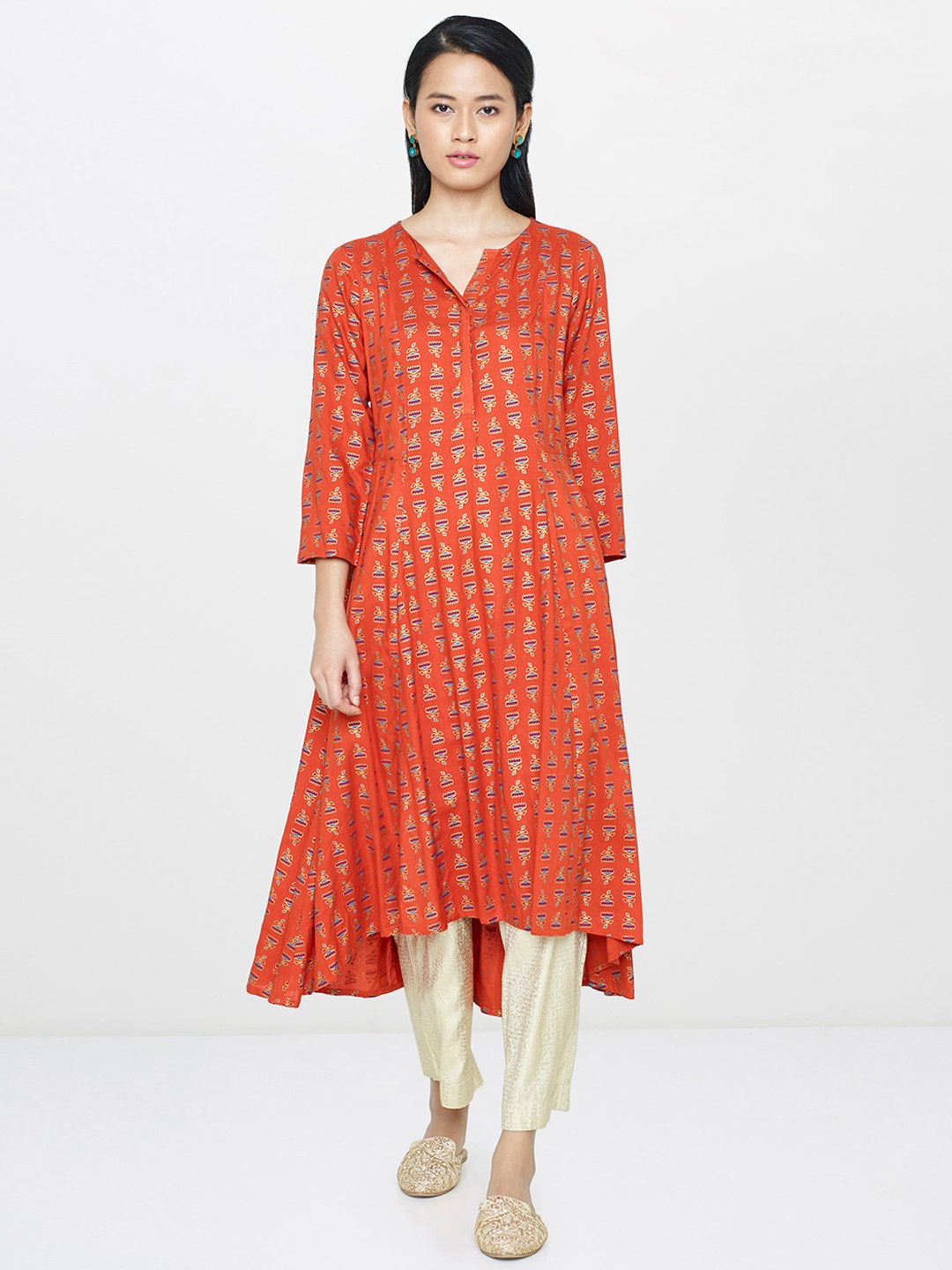

Global Desi Women Orange Printed Straight Kurta