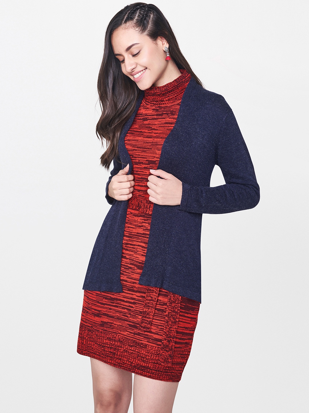 

Global Desi Navy Blue Solid Open Front Shrug