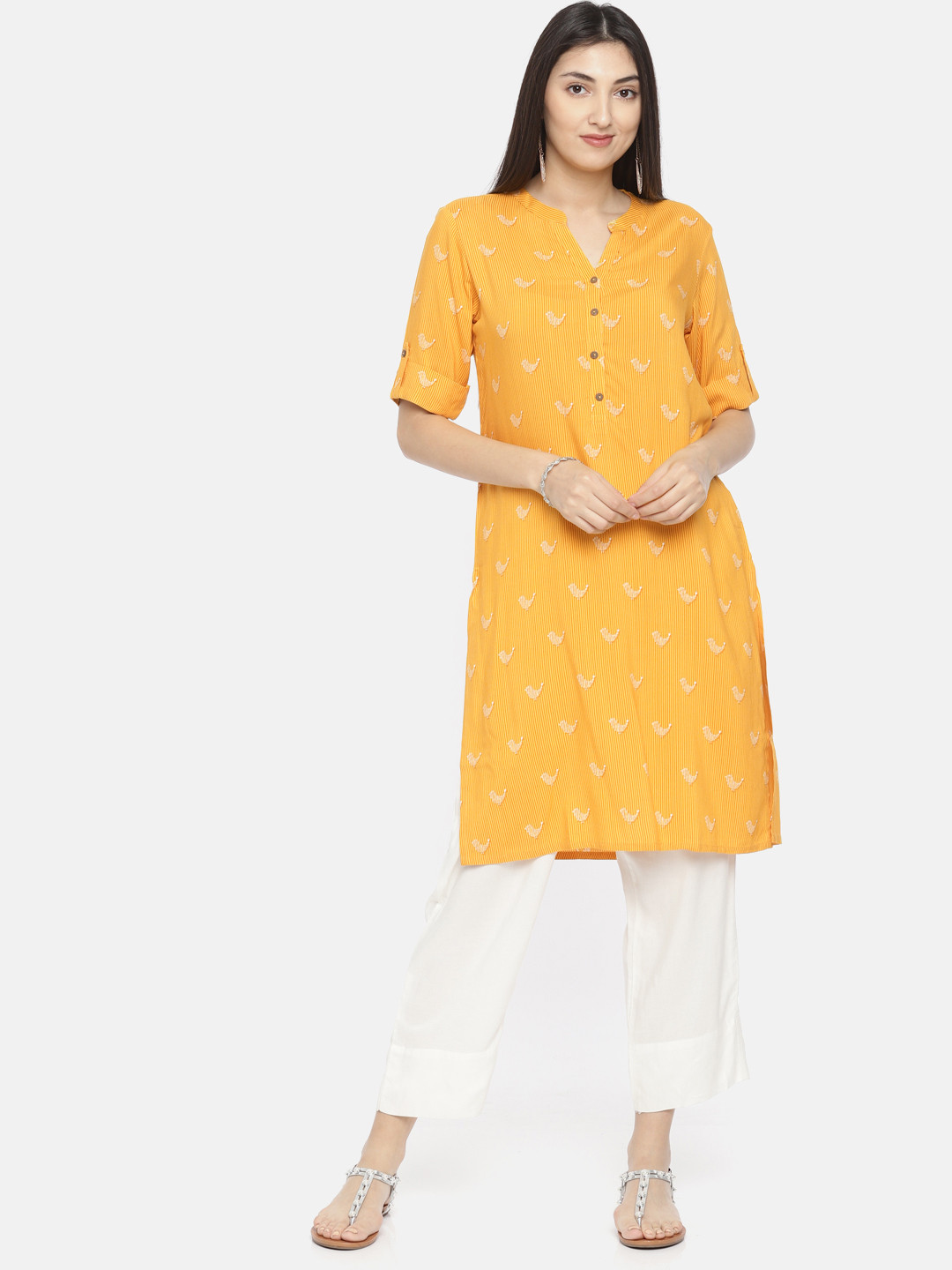 

Global Desi Women Mustard Yellow Striped Straight Kurta