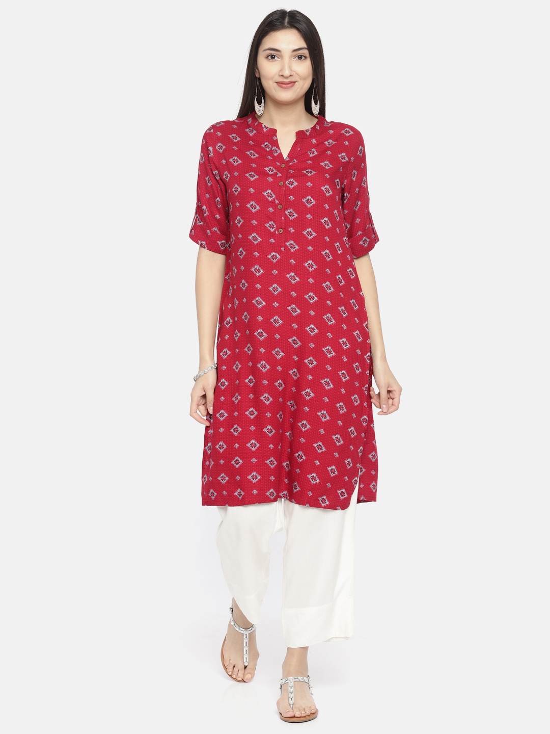 

Global Desi Women Maroon Printed Straight Kurta