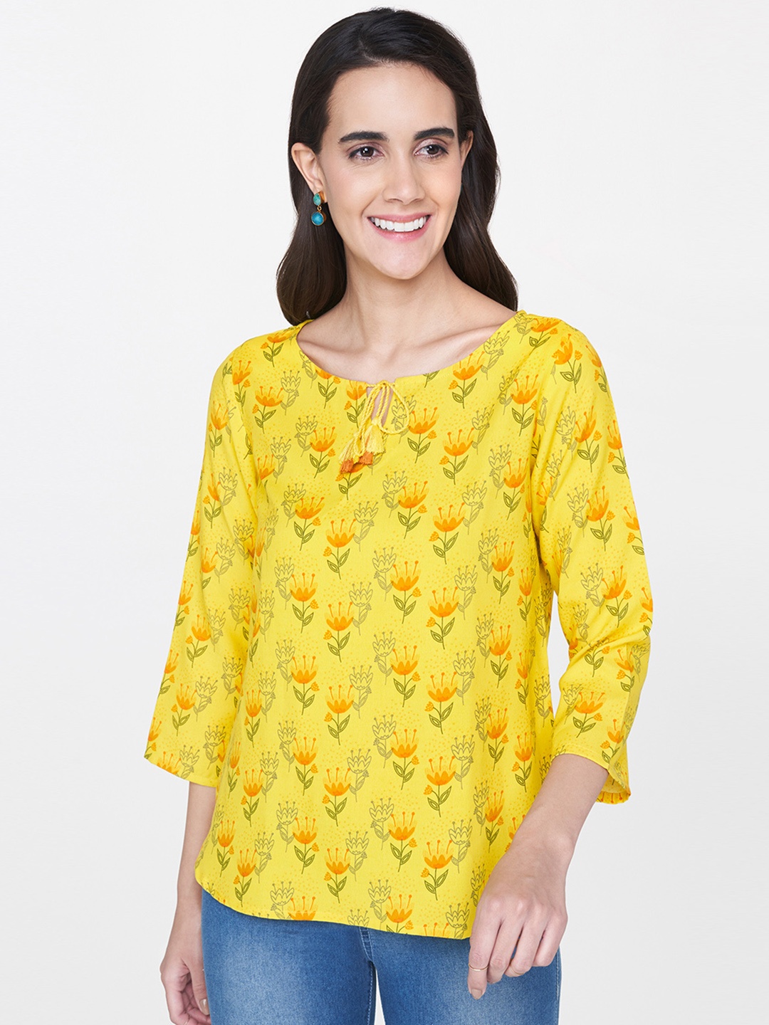 

Global Desi Women Yellow Printed Top