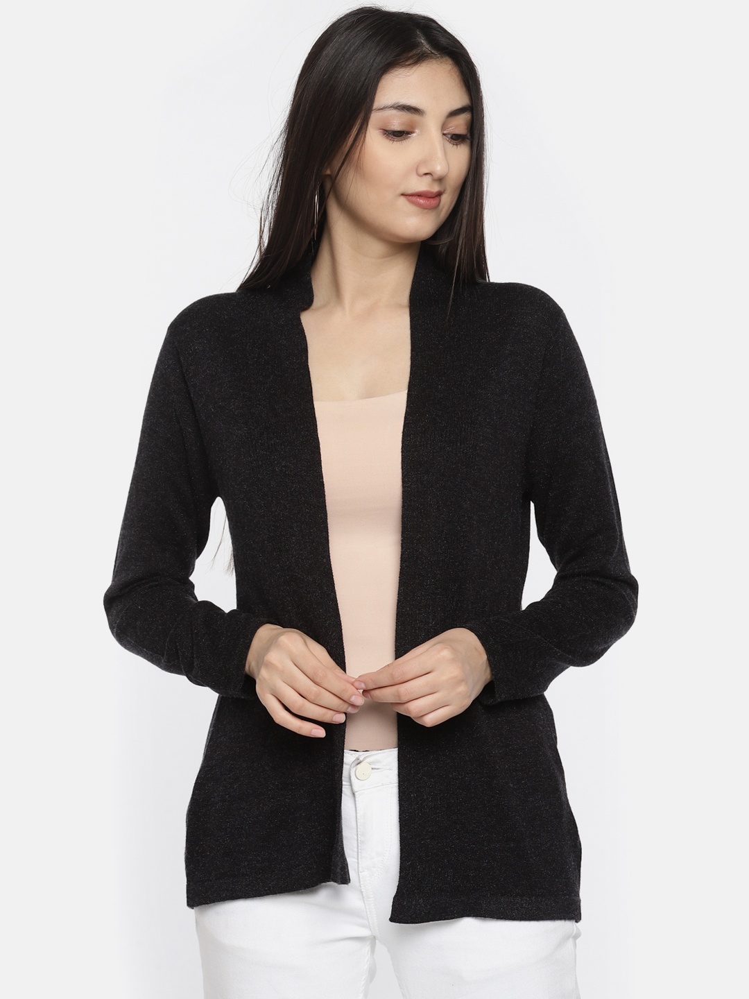 

Global Desi Charcoal Grey Solid Open Front Shrug