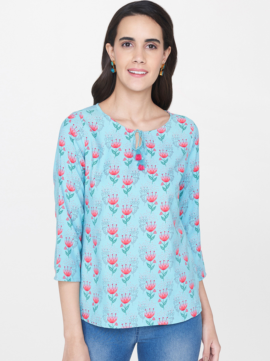

Global Desi Women Blue Printed Top