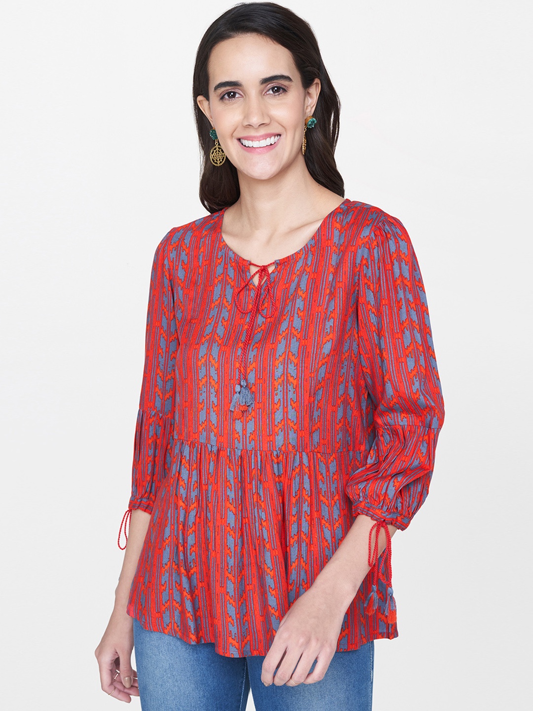 

Global Desi Women Red & Grey Printed Empire Top