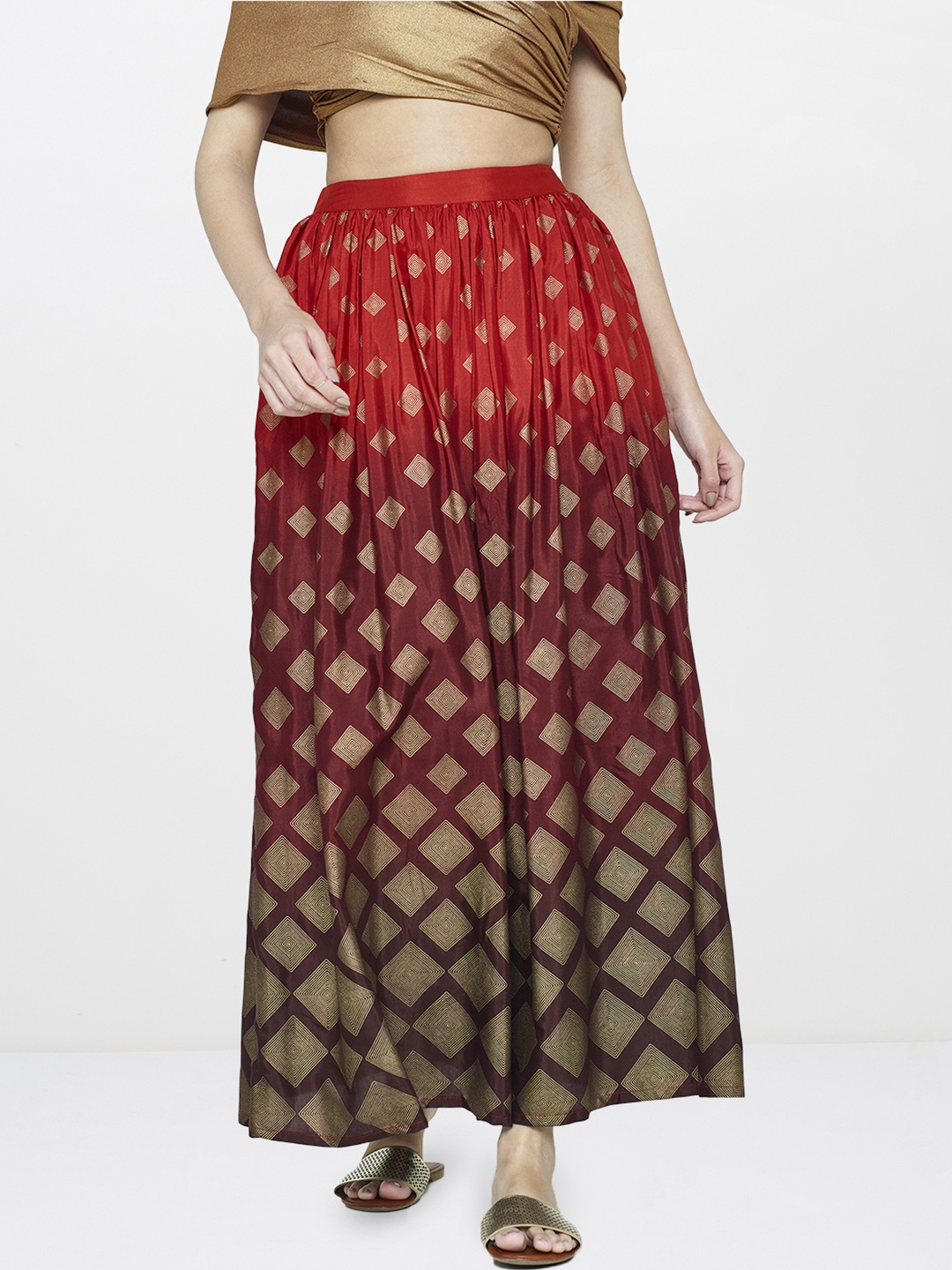 

Global Desi Women Red & Maroon Printed A-Line Maxi Skirt