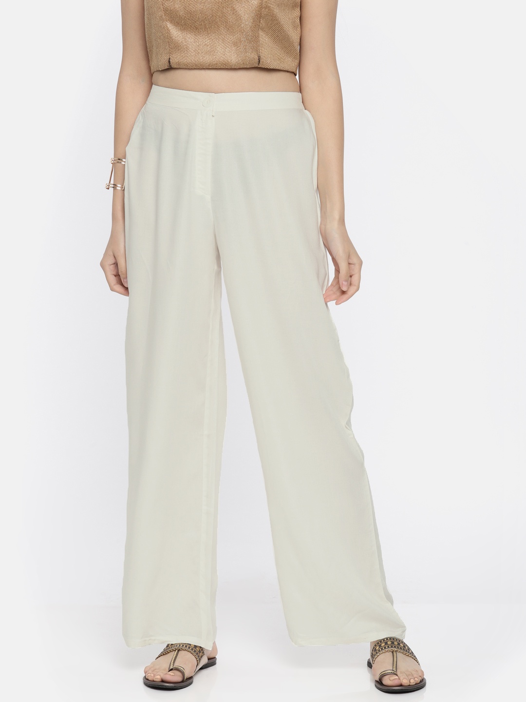 

Global Desi Women Off-White Regular Fit Solid Parallel Trousers