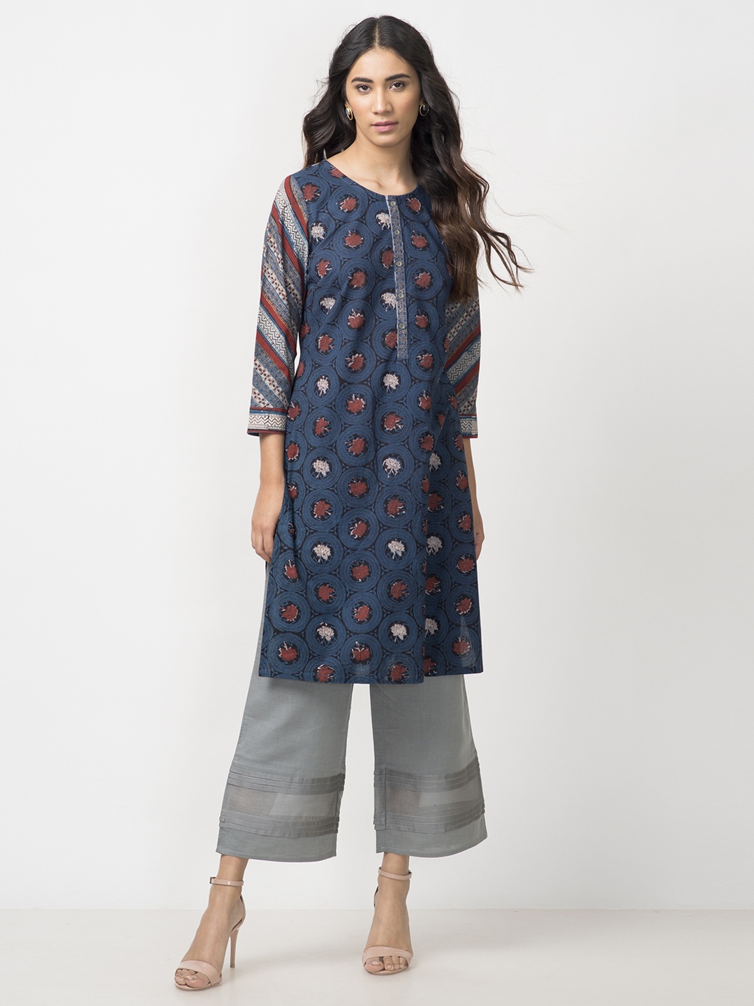 

Fabindia Women Navy Blue & Rust Red Slim Fit Printed Straight Kurta