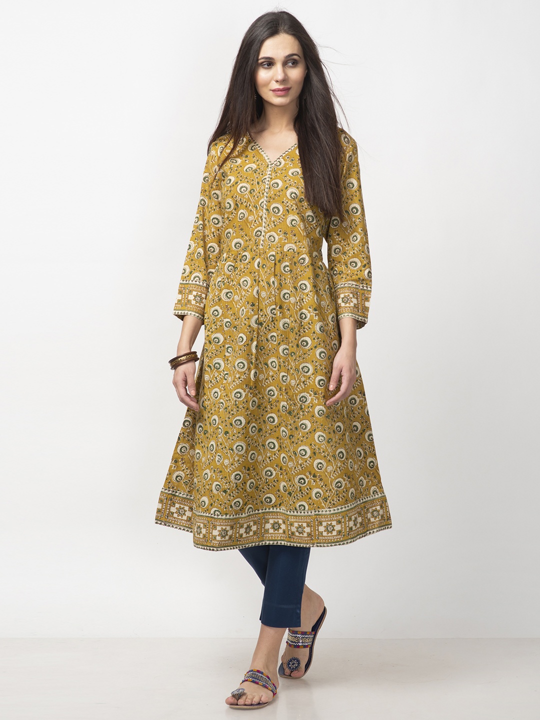 

Fabindia Women Mustard Yellow & Green Handblock Print A-Line Kurta