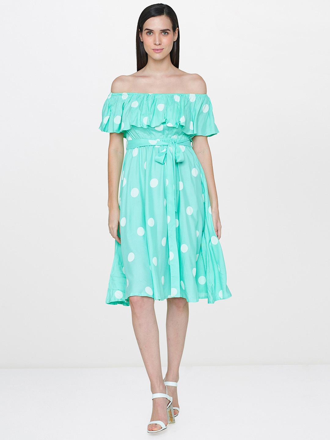 

AND Women Green Printed Fit and Flare Off-Shoulder Dress