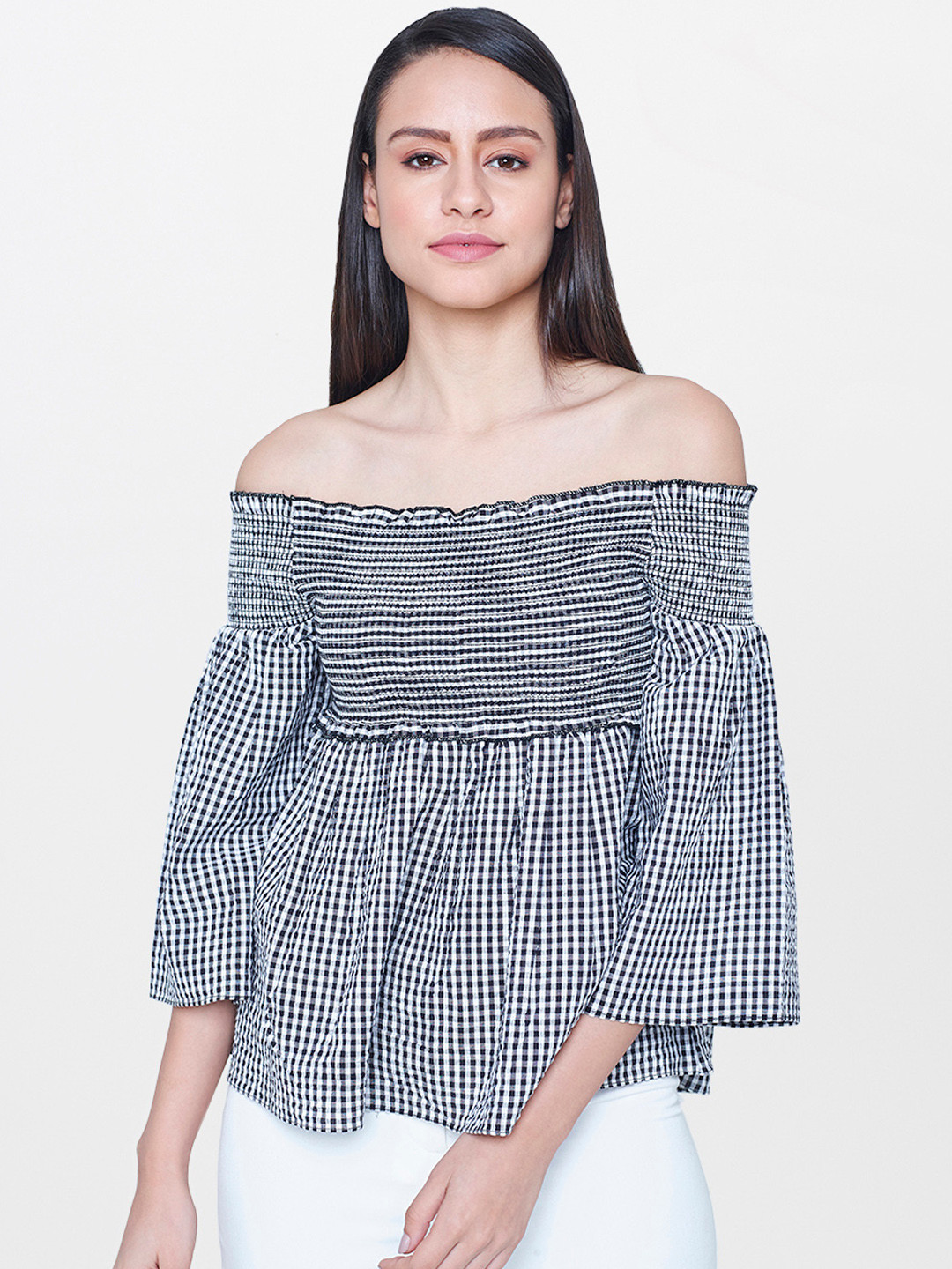 

AND Women Black Checked Bardot Pure Cotton Top