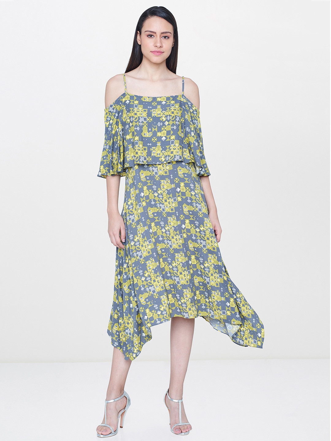 

AND Women Grey & Yellow Printed A-Line Dress