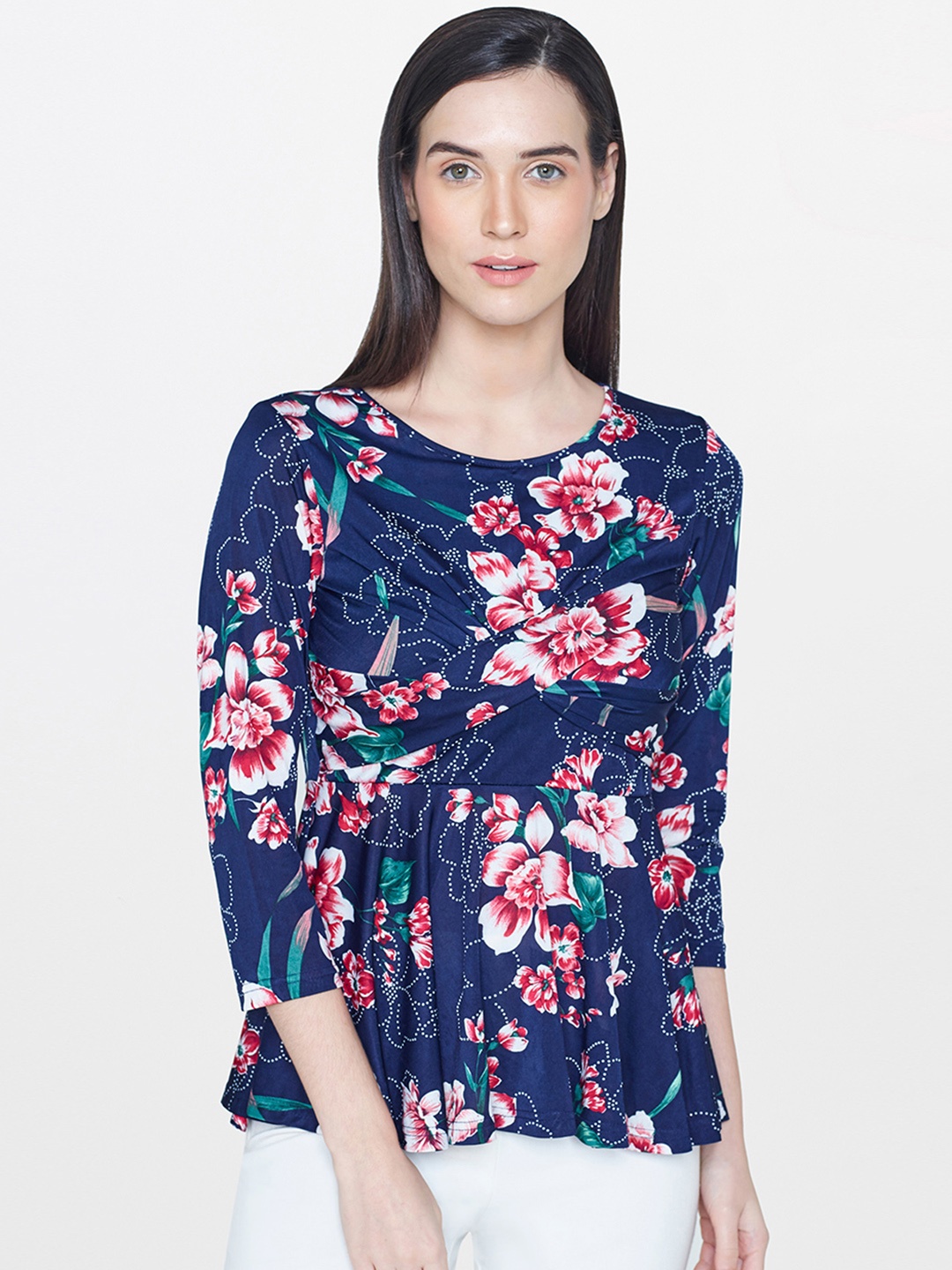 

AND Women Navy Blue Printed Peplum Top