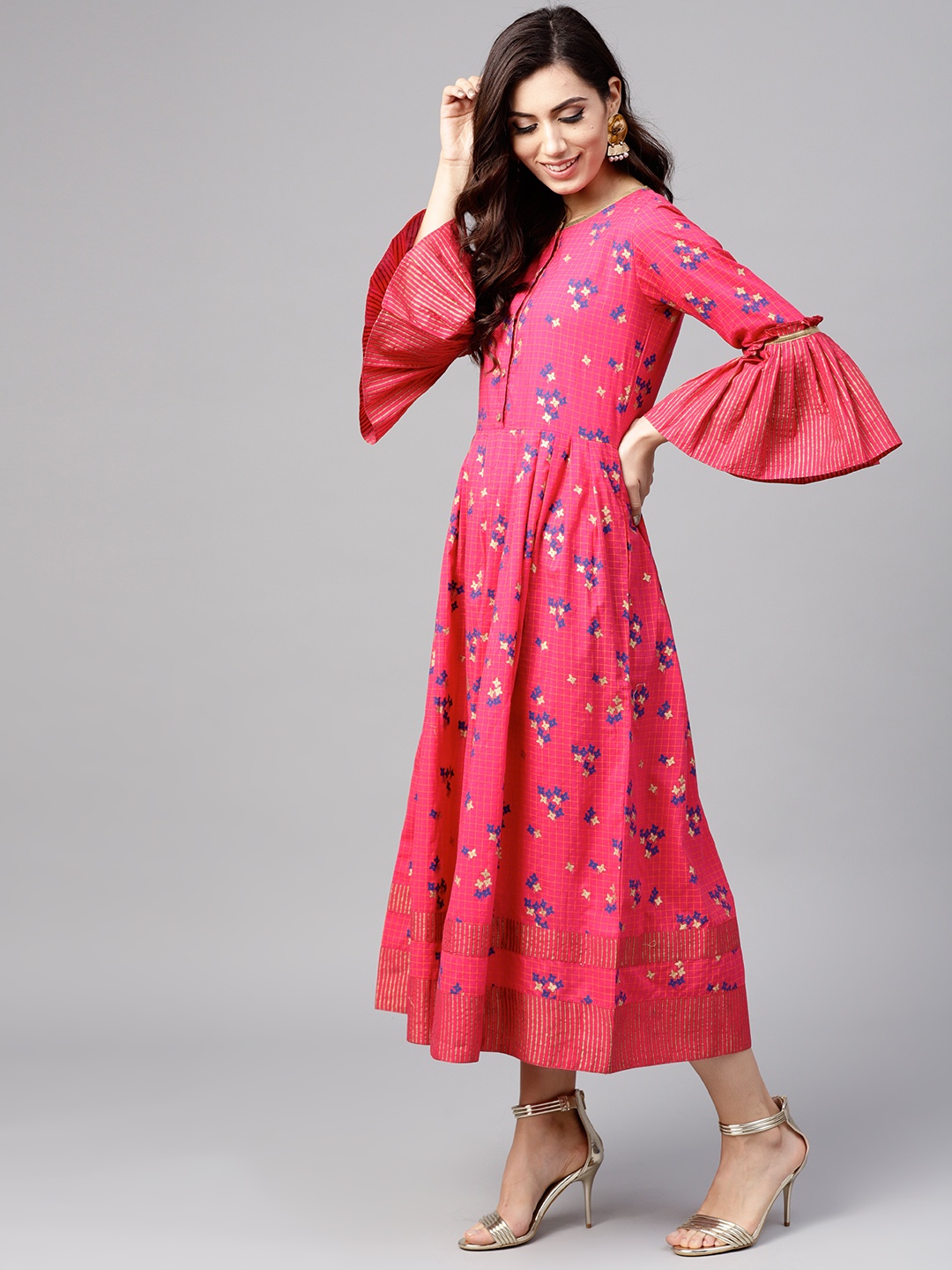 

Tulsattva Women Pink Printed Midi A-Line Dress